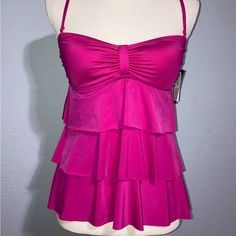 Nwt. Super Cute! Feel Sexy, Cool And Sophisticated In This Special Fit Swim Top. Adjustable. Straps Spring Tankini With Ruffles And Stretch, Stretch Ruffled Tankini For Spring, Ruffled Stretch Tankini For Spring, Pink Fitted Tankini With Ruffles, Feminine Fitted Ruffled Swimwear, Pink Ruffled Sleeveless Tankini, Pink Fitted Lined Tankini, Fitted Pink Lined Tankini, Strapless Fitted Swimwear With Ruffles