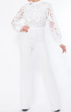 Color: white Description: this a bodysuit with lace top and stretchy shorts pants. Material: 95% polyester & 5% elastane Fitted Lace Top Bottoms For Party, Fitted Party Bottoms With Lace Top, Elegant Stretch Bodysuit With Lace Top, White Elastane Summer Pants, White Elastane Pants For Summer, Elegant Summer Bodysuit With Lace Top, Spring Party Pants With Lace Trim, White Elastane Bodysuit For Party, White Stretch Bodysuit For Work