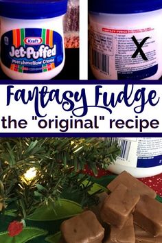 two pictures with peanut butter and the words fantasy fudge on it in front of them