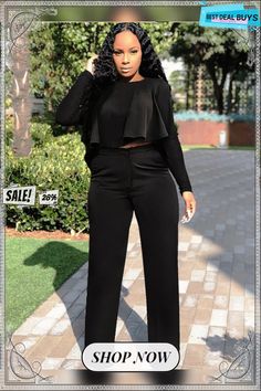 Two Piece Long Sleeve Ruffle Crop Tops & Long Pants Chic Solid Pant Set For Fall, Casual Party Pantsuit With Straight Pants, Chic Wide Leg Pant Set For Fall, Casual Pantsuit With Straight Pants For Party, Wide Leg Pant Set For Workwear In Fall, Wide Leg Pant Set For Fall, Fall Wide Leg Pant Set, Chic Trousers Pant Set, Casual Pantsuit For Fall Night Out