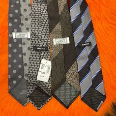 Versace Ties 4 Pieces Men's Black Striped Silk Tie All 4 For $220 In Perfect Condition Made In Italy Gray Brown Blue Black 100%Silk In Perfect Condition Smoke And Pet Free Home Designer Suit And Tie Accessories For Workwear, Designer Ties For Black Tie Events, Versace Pattern, Versace Tie, Versace Blue, Purple Details, Mens Silk Ties, Vintage Versace, Versace Collection