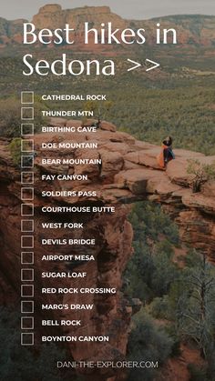 the best hikes in sedona, arizona info sheet with text overlay