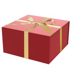 a red gift box with gold ribbon and a bow on the top, isolated against a white background