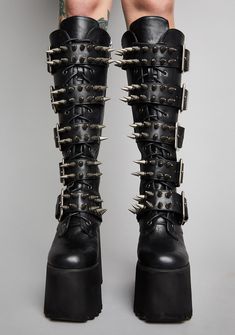 cuz you're burning it all down to the ground babe! Go off in these wicked platform boots that have spiked adjustable buckles all over, embossed logos on the soles, N' side zip closures. Goth Platform Shoes, Spike Boots, Spiked Boots, Goth Platforms, Demonia Boots, Occult Clothing, Goth Shoes, Goth Boots, Gothic Boots