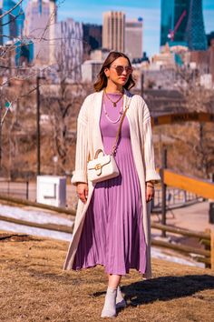 Pleated lilac dress, long cream cardigan, Gucci bag - Spring outfit idea #springoutfit #springoutfitsforwomen #casualoutfit #casualoutfitideas #pleated #cardiganoutfit #lilacdress #guccibags #gucci #casualstyle #casualwomensfashion #outfitideasforwomen #chicwish Lilac Dress Long, Gg Marmont Mini Top Handle Bag, Cardigan Gucci, Mini Top Handle Bag, Dress And Cardigan, Spring Outfit Idea, Gg Marmont Mini, Cream Cardigan, Mini Top