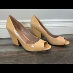 New Vince Camuto Tan Patent Leather Peep Toe Heels. Never Worn But There Is A Small Black Mark At Inner Left Toe And Small Red Mark On Heel. Casual Open Toe Heels For Office, Open Toe Patent Leather Heels For Office, Spring Open Toe Heels For Workwear, Spring Workwear Open Toe Heels, Open Toe Patent Leather Heels For Work, Beige Open Toe Office Heels, Beige Open Toe Heels For Office, Beige Patent Leather Open Toe Heels, Red Marks