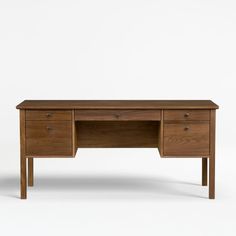 a wooden desk with two drawers and one drawer on the top, against a white background