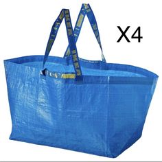 a large blue bag with four handles and straps on the bottom is shown in three different sizes