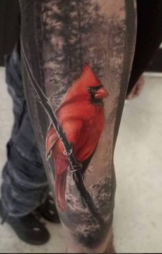 a man's leg with a red bird on it and trees in the background