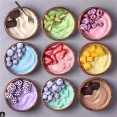 six small bowls filled with different types of desserts