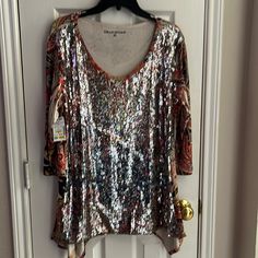 Stein Mart With Ticket Still Attached Casual Sequined V-neck Top, Casual V-neck Sequined Tops, Multicolor Festive Tops For Fall, Orange Top For Fall Party, Orange Tops For Fall Party, Orange Party Top For Fall, Orange Fall Party Top, Orange Tops For Night Out In Fall, Multicolor Sequin Tops For Fall