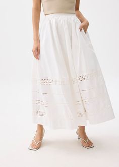 Elastic Broderie Fit & Flare Midaxi Skirt Luxury White Flared Skirt, Jacquard Skirt Flare Ivory, Affordable White Skirt With Pockets, Affordable White Classic Skirt, Midaxi Skirt, Love Bonito, Jumpsuit Skirt, New Launch, Dress Pant