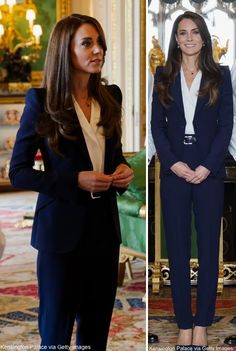 two pictures of the same woman in suits and one has her hands on her hips