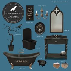 an assortment of bathroom items including a claw foot tub, mirror and candle holder in black