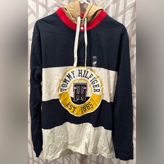 Nwt, Tommy Hilfiger, Men’s Hoodie, L, Blue, White, Red, And Tan, Shirt Is 100% Cotton, Hoodie Is 100% Polyester Tommy Hilfiger Long Sleeve Hoodie For Winter, Tommy Hilfiger Long Sleeve Winter Hoodie, Tommy Hilfiger Winter Streetwear Tops, Tommy Hilfiger Cotton Hoodie For Streetwear, Tommy Hilfiger Hooded Tops For Winter, Tommy Hilfiger Hooded Winter Tops, Winter Hooded Tops By Tommy Hilfiger, Winter Hooded Tommy Hilfiger Tops, Tommy Hilfiger Long Sleeve Hoodie With Drawstring Hood