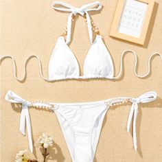 White Two Piece Bathing Suit. Pearl Strap Detailing On Top And Bottom. Perfect For A Pool Party! Comes With Earrings And Sunglasses. Target Bathing Suits, Strapless Bathing Suits, Swimsuits For All, High Waist Bottoms, Hot Springs, Triangles, Swimming Pool, Womens Swim, String Bikinis