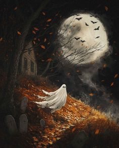 a painting of a ghost walking down a hill in front of a cemetery with bats