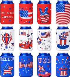 six patriotic can coolers with american flags and balloons on them, all decorated in red, white, and blue