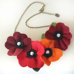 Felt Flower Necklace Autumn Necklace Deep Red and Orange Handmade Orange Necklace With Flower Pendant, Handmade Red Flower Necklace Adjustable, Handmade Red Flower Necklace, Flower-shaped Orange Necklace For Gift, Felt Poppy, Felt Flower Necklace, Fall Or Autumn, Poppy Necklace, Open Days