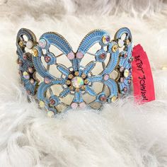 Gorgeous Blue Bejeweled Oversized Betsey Johnson Cuff Bracelet. It Is Cuff Shaped With A Back Closure. Bracelet Y2k, Betsey Johnson Bracelet, Red Stone Necklace, Gold Lipstick, Candy Corn Earrings, Betsey Johnson Necklace, Cocktail Earrings, Ghost Earrings, Handbag Collection