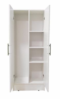 an open white cabinet with shelves and doors on the front, isolated against a white background