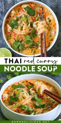 thai red curry noodle soup in a white bowl with chopsticks and cilantro