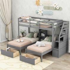 bunk beds with stairs and storage drawers in the middle of a living room, next to a window