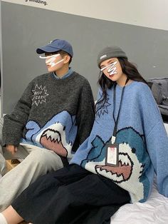 Cute Shark Kawaii Retro Loose Sweater Cute Black Long Sleeve Sweater, Kawaii Long Sleeve Knitted Sweater, Kawaii Knitted Long Sleeve Sweater, Playful Black Winter Sweater, Kawaii Winter Sweater With Cartoon Print, Harajuku Winter Sweater With Cartoon Print, Harajuku Style Cartoon Print Winter Sweater, Cute Black Crew Neck Sweater, Blue Harajuku Winter Top