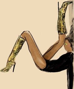 a drawing of a woman in high heels leaning against a wall with her legs up