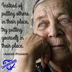 an older woman with blue eyes and a quote from amish proverb on her face