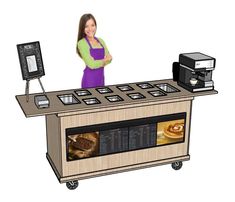 a woman standing behind a counter with coffee machines on it