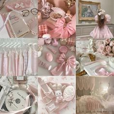 a collage of pink and white items