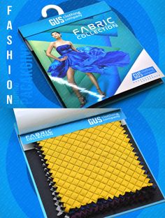 an advertisement for fabric collection featuring a woman in a blue dress with yellow squares on it