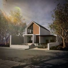 an artist's rendering of a modern house in the middle of a tree - lined street