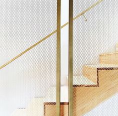 a cat sitting on top of a wooden step next to a stair case with mesh covering it