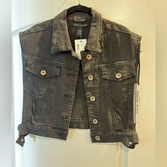 Unique Denim Vest With Open Sides. Tags Intact. Casual Black Denim Vest With Button Closure, Trendy Fall Denim Vest For Streetwear, Trendy Fall Streetwear Denim Vest, Black Washed Denim Vest, Trendy Black Cotton Denim Vest, Spring Washed Black Denim Vest, Black Denim Vest With Pockets For Spring, Spring Black Denim Vest With Pockets, Washed Black Denim Vest For Fall