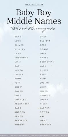 the baby boy middle names are shown in black and white on a blue sky background