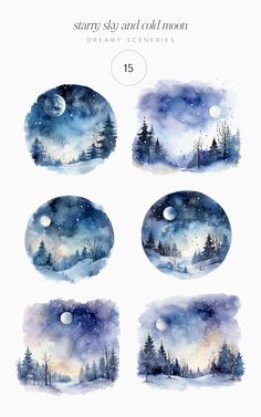 four watercolor paintings of trees and the sky with stars in them, each painted on paper