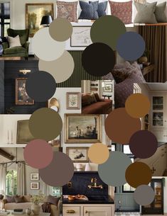 a collage of pictures with different colors and furniture in them, including couches, chairs, lamps, paintings