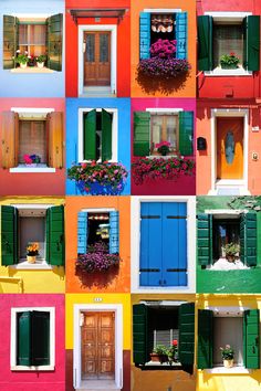 many different colored windows with green shutters and flowers in the window boxes below them