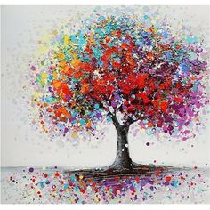 an abstract painting of a colorful tree with lots of dots on the trunk and branches