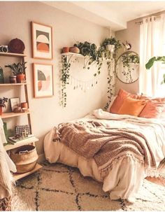 a bedroom with lots of plants on the wall