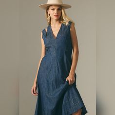 **Standard: ** Falls 50.75" From Shoulder N**Petite: ** Falls 46.75" From Shoulder N**Plus: ** Falls 56.5" From Shoulder Denim Blue Midi Dress For Dress Down In Spring, Spring Knee-length Denim Blue Dresses, Denim Blue Midi Dress For Dress Down Spring Occasions, Denim Blue Midi Dress For Dressing Down In Spring, Denim Blue Midi Dress For Casual Spring Days, Elegant Knee-length Medium Wash Dress, Elegant Medium Wash Knee-length Dress, Chic Denim Spring Dress, Dark Wash Denim Dress For Spring