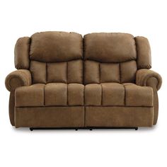 a brown reclining couch sitting on top of a white floor