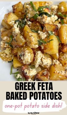 greek feta baked potatoes on a white plate with text overlay that reads, greek feta baked potatoes