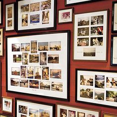 a bunch of pictures are hanging on the wall with red walls and frames around them