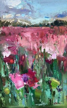 an abstract painting with pink flowers in the foreground and green grass on the far side