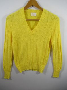 "Vintage 80s V-neck Sweater, Yellow, Womens, It's Pure Gould Size and fabric content not marked. Approx. 17\" pit to pit and 22\" length shoulder to hem. Looks great!" Trendy Yellow V-neck Sweater, Mustard Vintage Long Sleeve Sweater, Vintage Long Sleeve Mustard Sweater, 80's Hairstyle, Vintage Yellow Cotton Sweater, Yellow Cotton V-neck Sweater, Yellow Sweater, V Neck Sweater, Retro Outfits