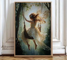 a painting of a girl on a swing