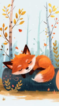 a painting of a fox sleeping on a log in the woods with fall leaves around it